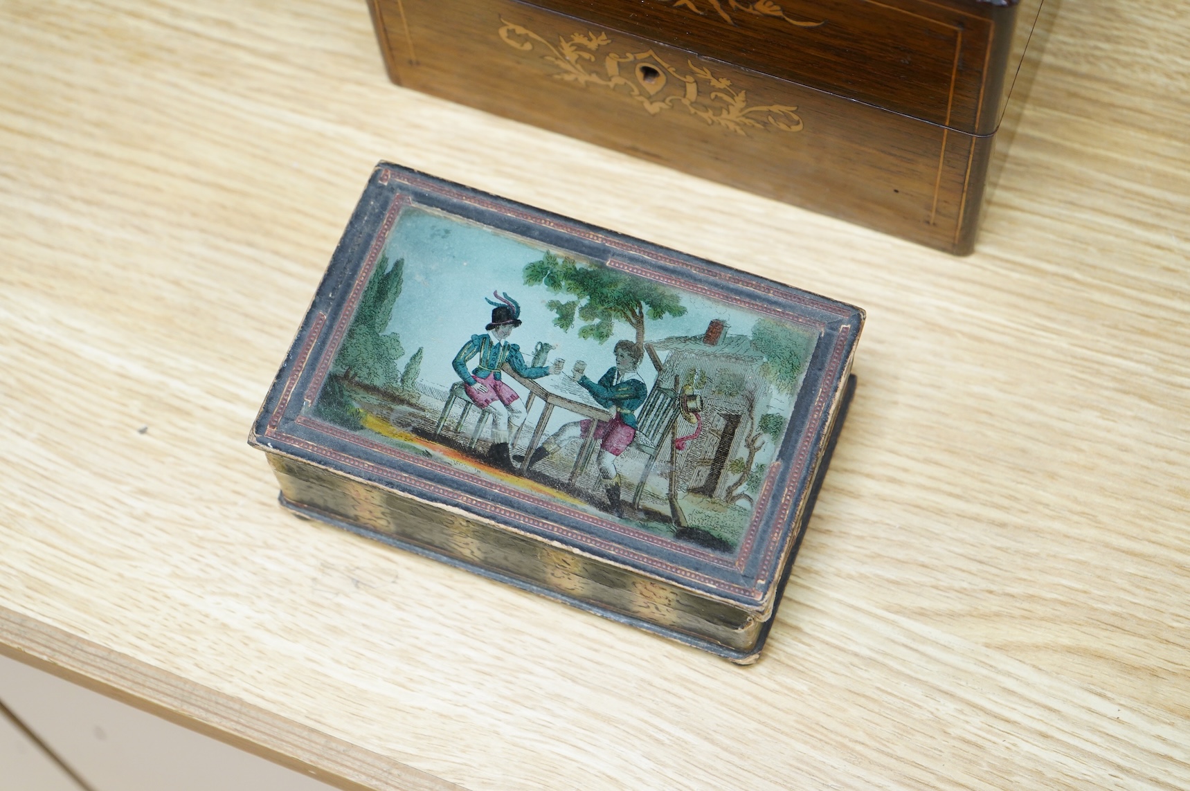 Four boxes to include a burr elm bound example, together with a French inlaid ‘Thé’ caddy with porcelain canisters, largest 32cm wide